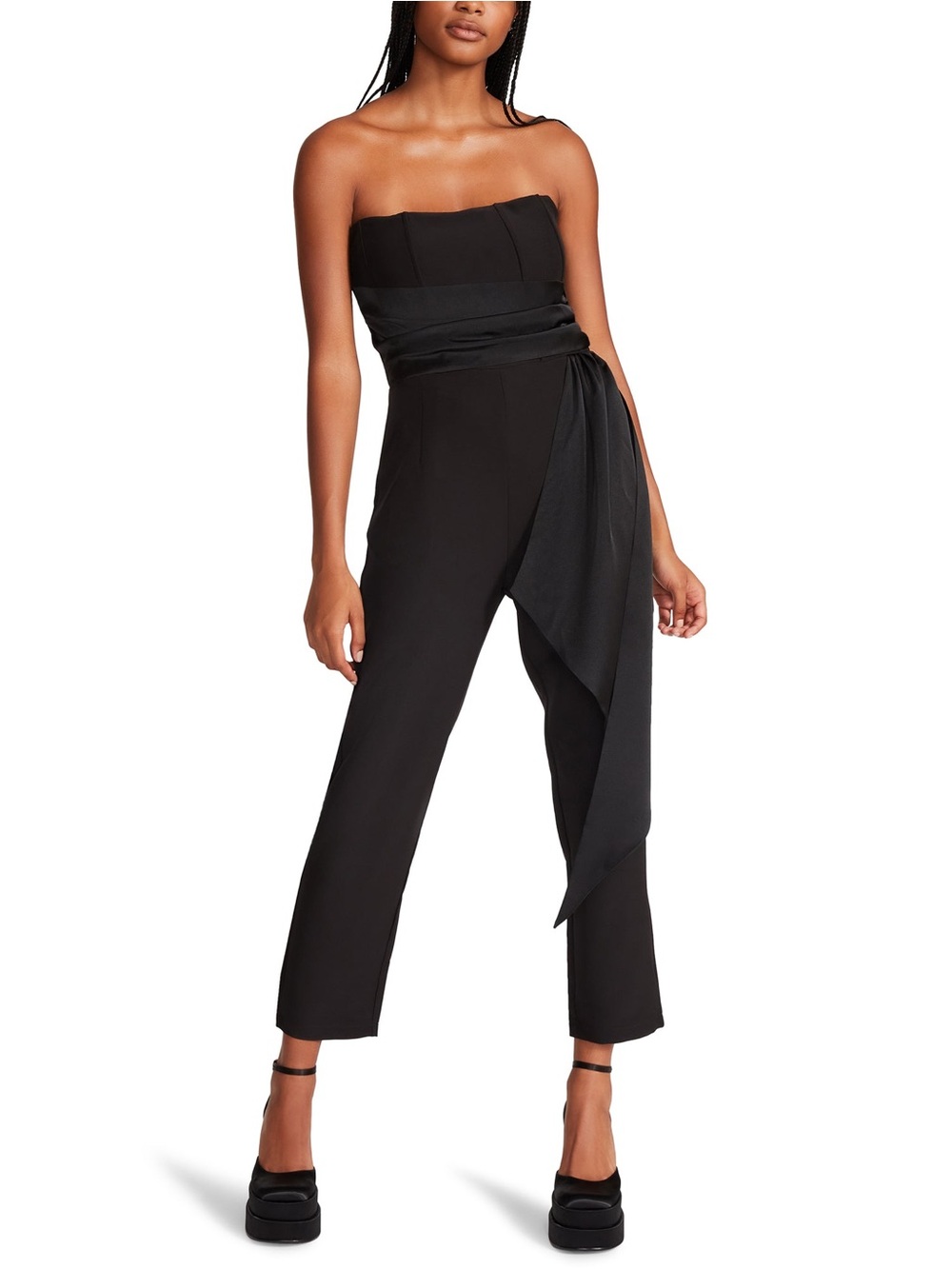 Steve Madden Black Strapless Jumpsuit with Draped Waist Sash